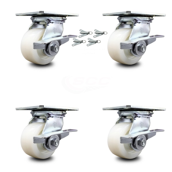 4 Inch Nylon Caster Set with Roller Bearing and Brakes/Swivel Locks SCC